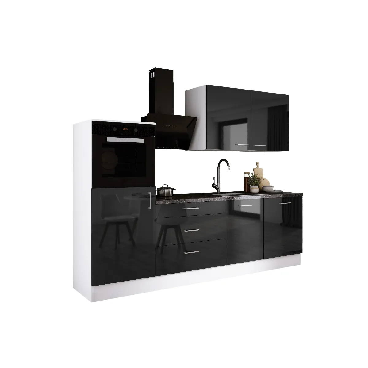 Ensemble de cuisine: Blanc Mat, Noir Brillant, d: l: 250 cm, h: 220 cm, p: 60 cm