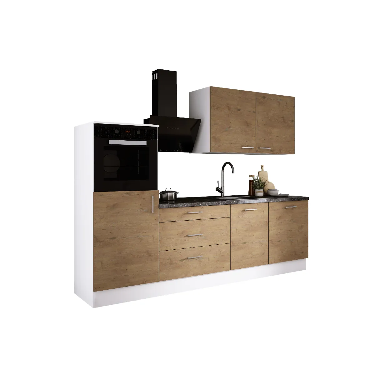 Ensemble de cuisine: Blanc Mat, Chêne Lancelot, d: l: 250 cm, h: 220 cm, p: 60 cm