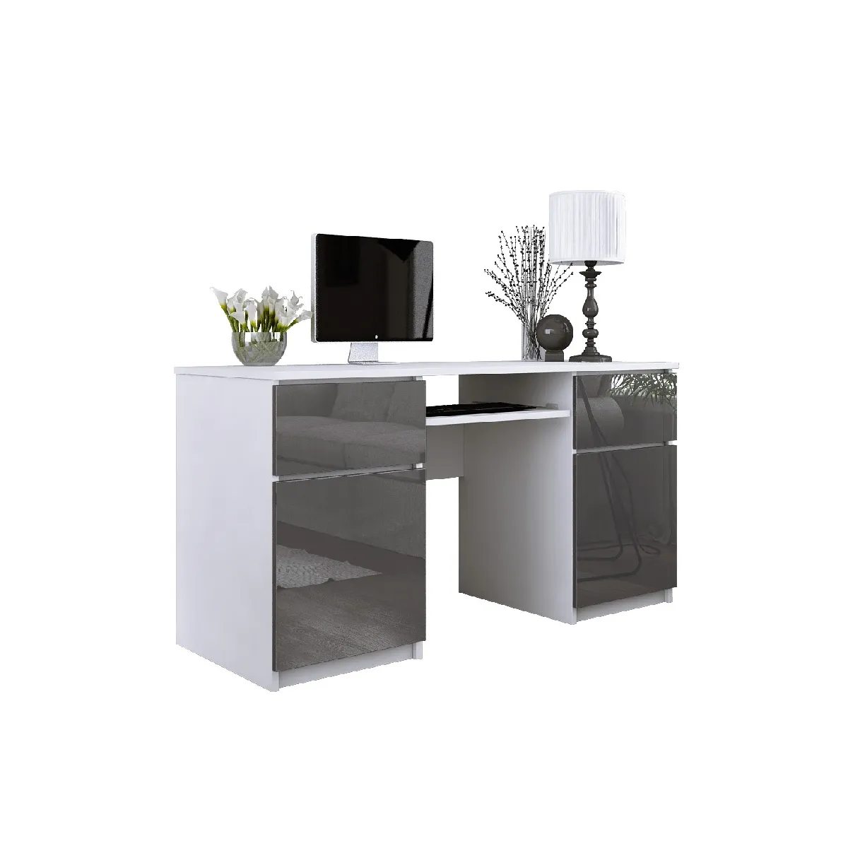 Bureau: 2 Tiroirs, Blanc Mat / Gris Brillant, 135 x 77 x 50 cm