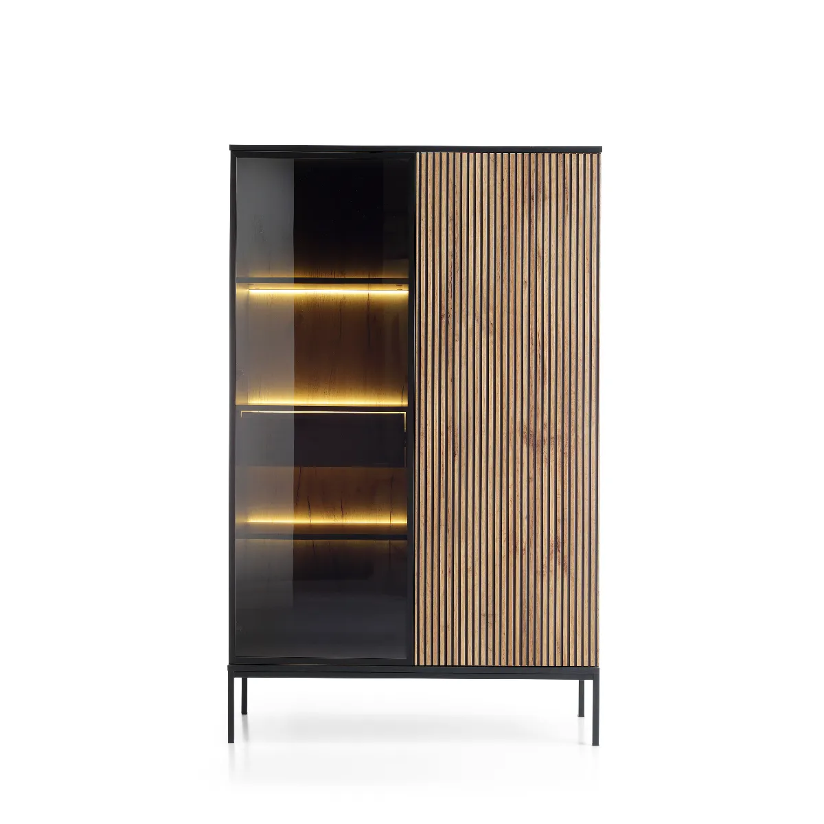Vitrine haute moderne à façade cannelée, 104 x 166 x 39 cm, Noir / Chêne Wotan