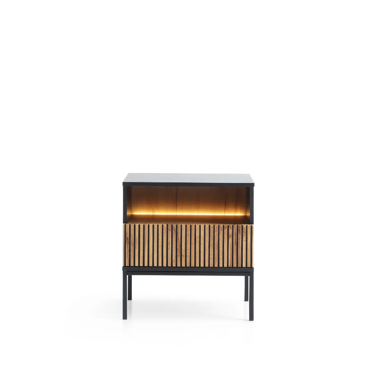 Table de chevet moderne avec façade cannelée, 54x56x39 cm, Noir / Chêne Wotan
