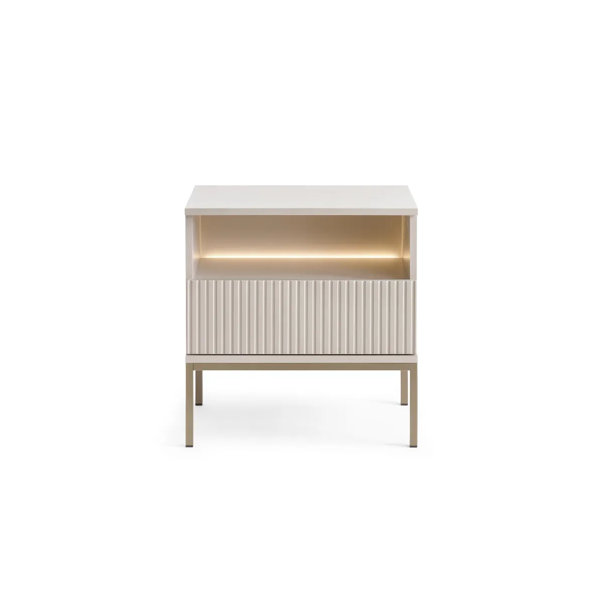 Table de chevet moderne à façade cannelée, 54x56x39 cm, Cachemire / Or