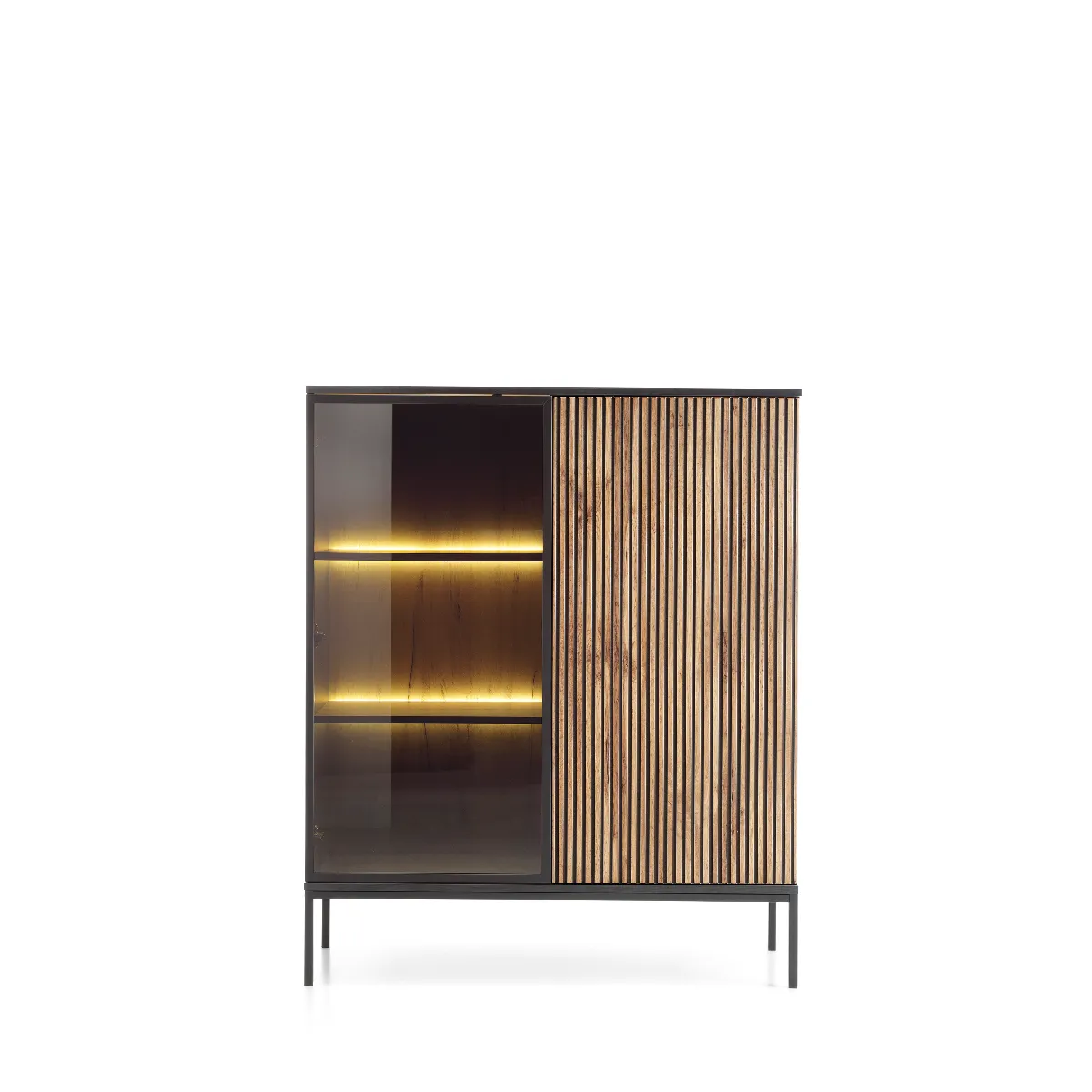 Vitrine basse moderne à façade cannelée, 104 x 126 x 39 cm, Noir / Chêne Wotan