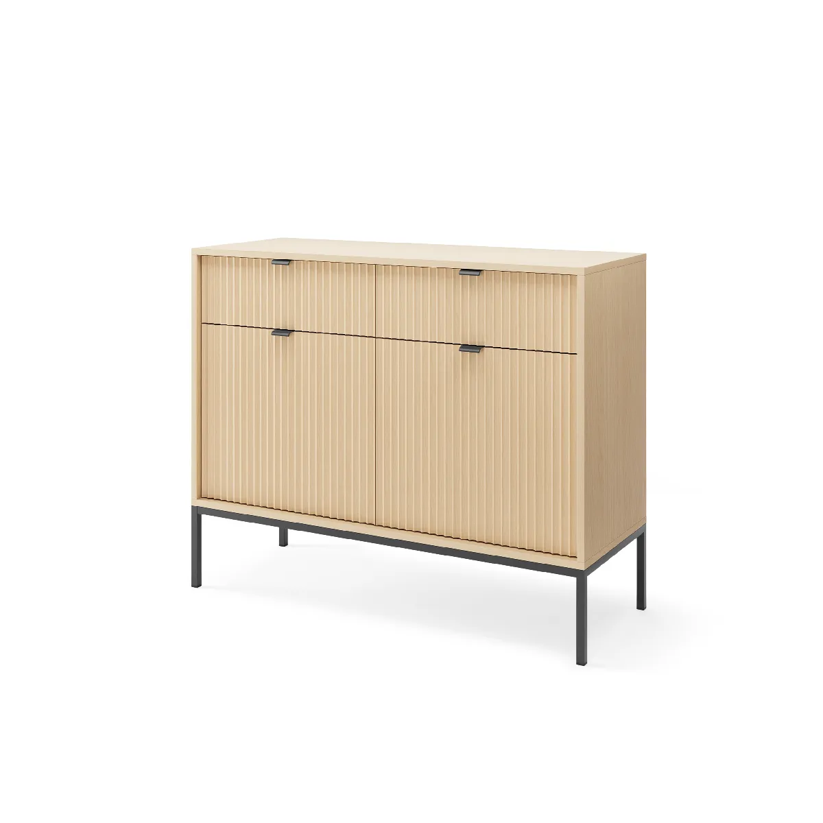 Commode: 2 Tiroirs, 2 Portes, chêne Vincenza, Noir, 104 x 83 x 39 cm, poignées Noires