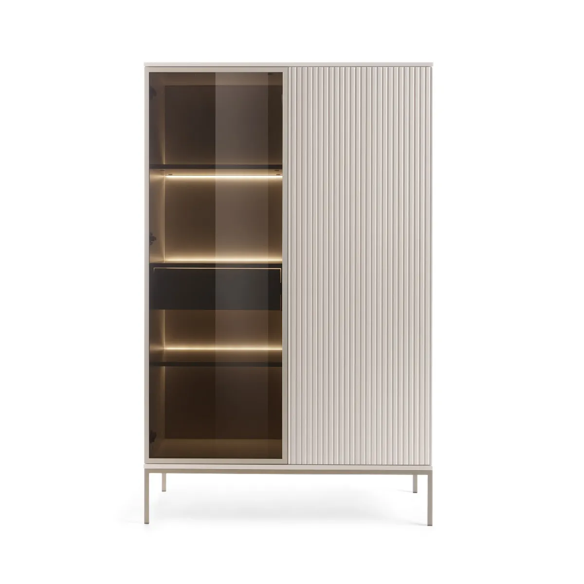 Vitrine haute moderne à façade cannelée, 104 x 166 x 39 cm, Cachemire / Or