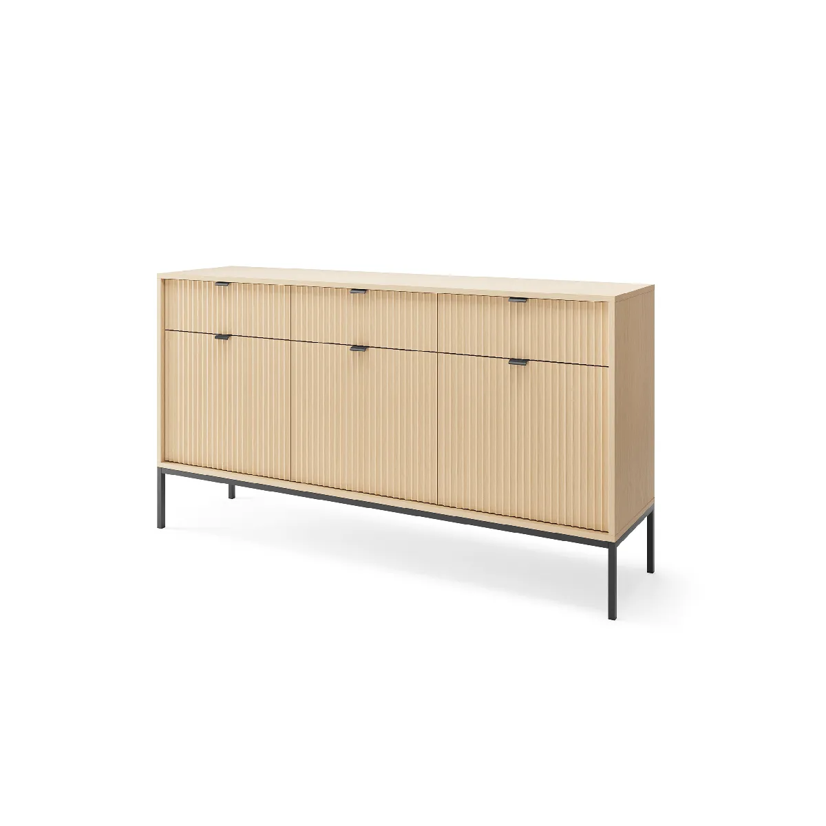 Commode: 3 Tiroirs, 3 Portes, chêne Vincenza, Noir, 154 x 83 x 39 cm, poignées Noires