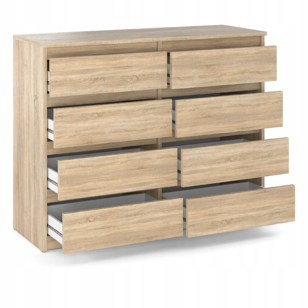 Commode moderne 120 cm Chêne Sonoma avec 8 tiroirs - Grand meuble de rangement pour salon