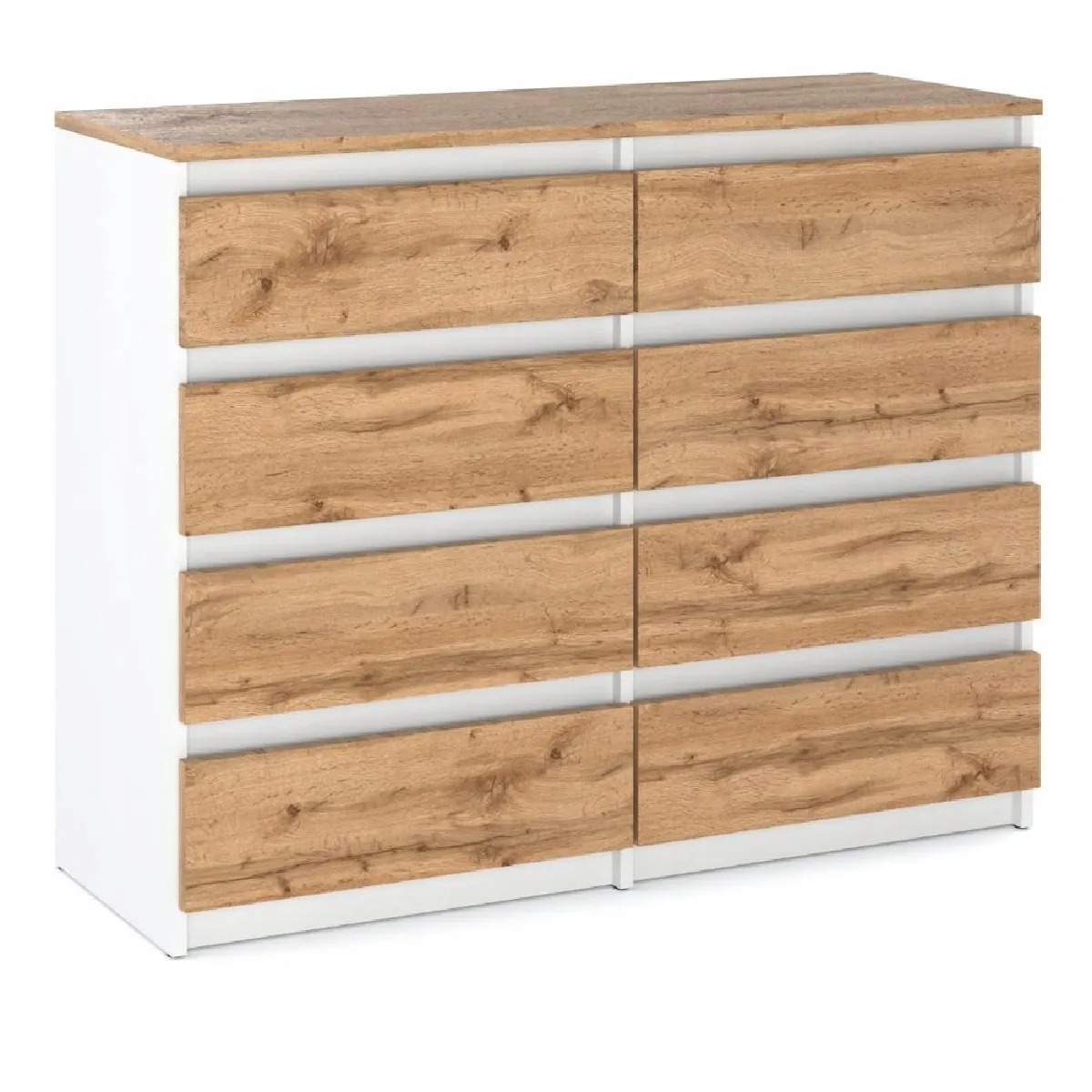 Commode Blanc & Chêne Wotan à 8 Tiroirs 120 cm - Glissières à Billes - Grand Meuble TV pour Salon