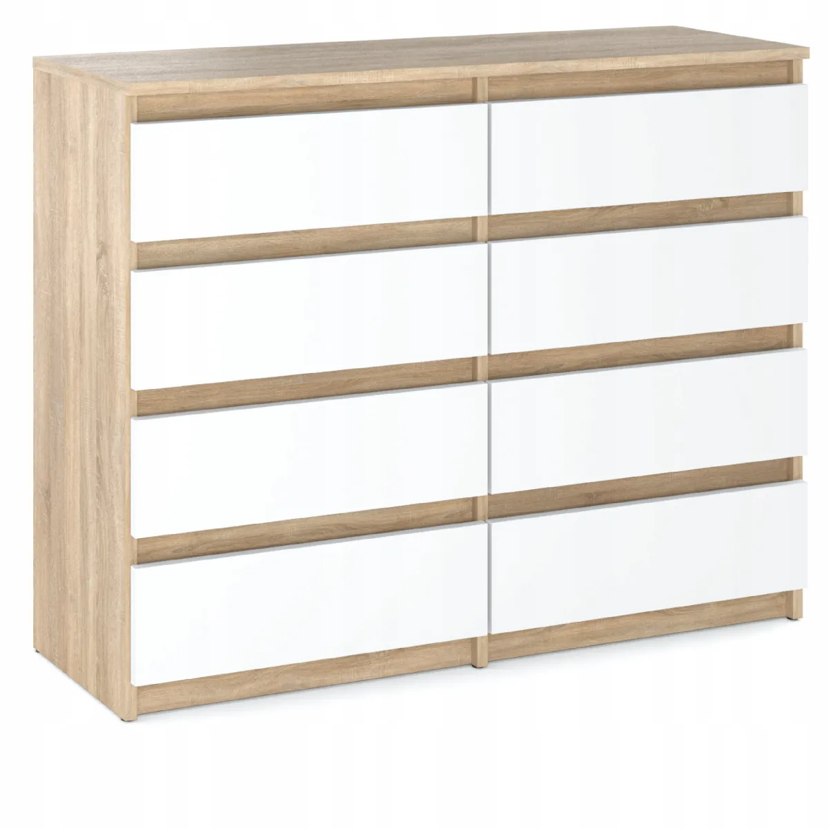 Commode moderne 120 cm Chêne Sonoma Blanc avec 8 tiroirs - Grand meuble de rangement pour salon