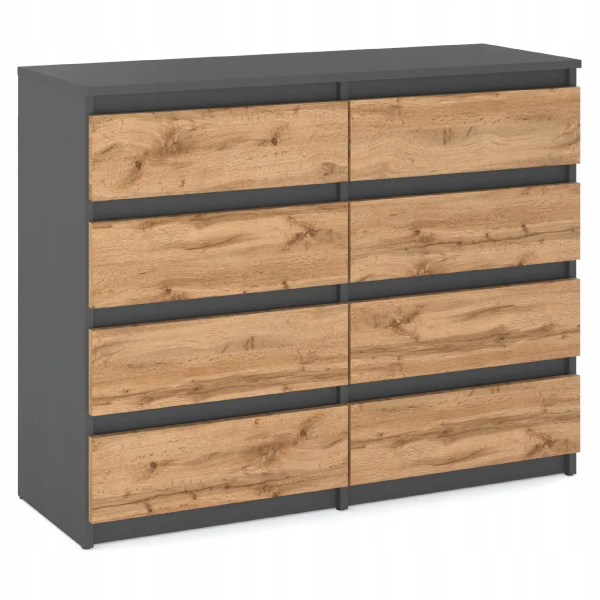 Commode moderne 120 cm Gris mat & Chêne Wotan - 8 tiroirs, grand meuble de rangement pour salon