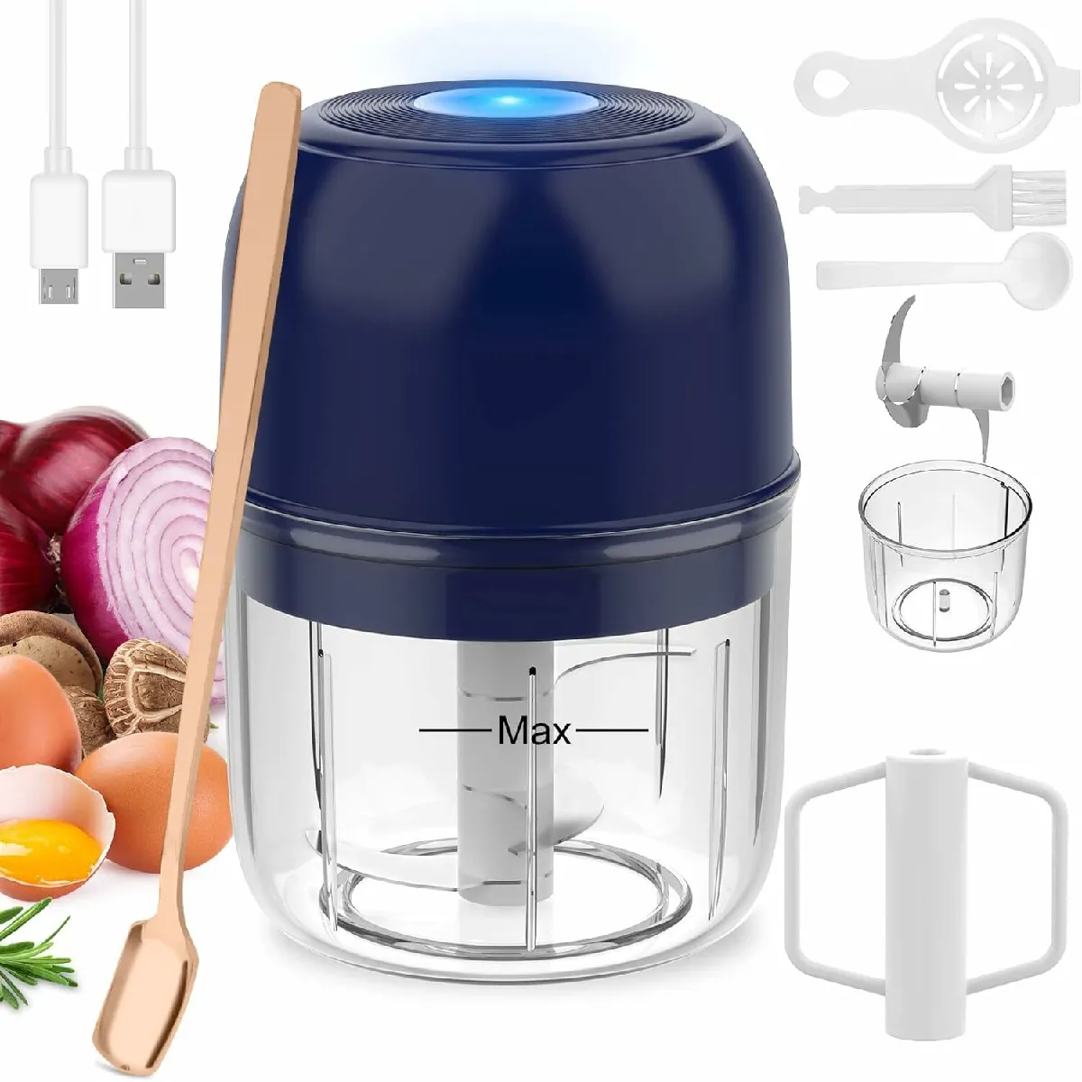 Mini Hachoir Électrique 2 En 1 De 1 250ml Bleu Vendos85