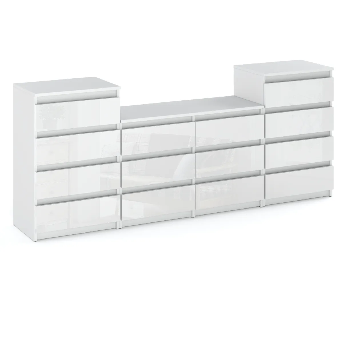 Grande commode avec 14 tiroirs Blanc Brillant 220 cm - meuble TV, buffet, armoire pour salon