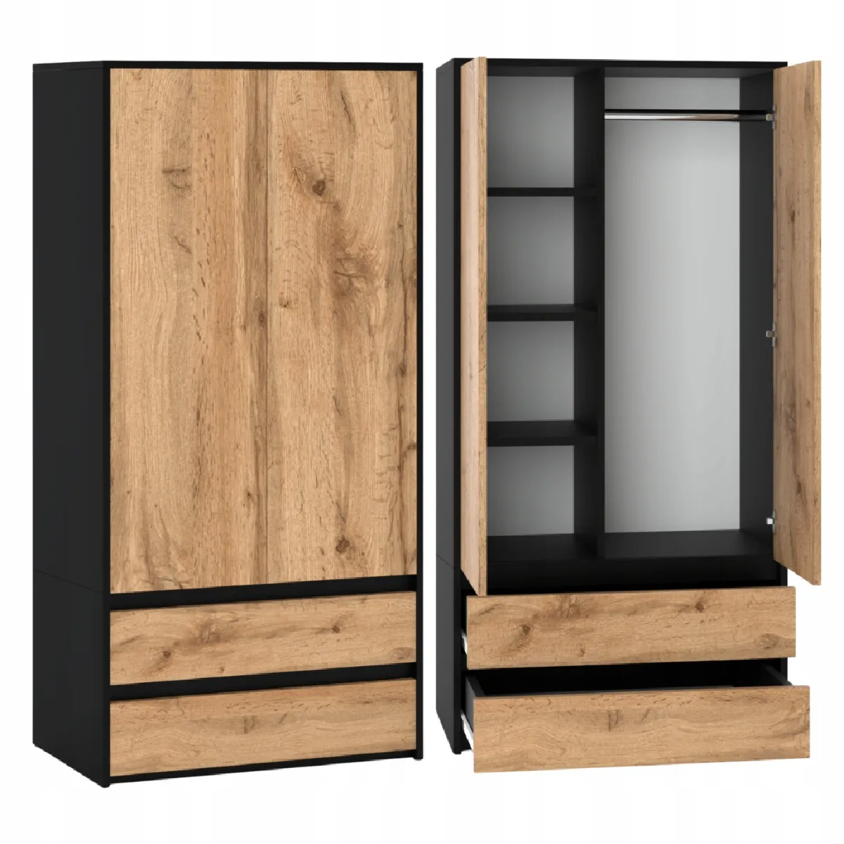 Armoire Dressing Moderne 90 cm - 2 Portes, 2 Tiroirs, Noir + Chêne Wotan - Grande Capacité de Rangement