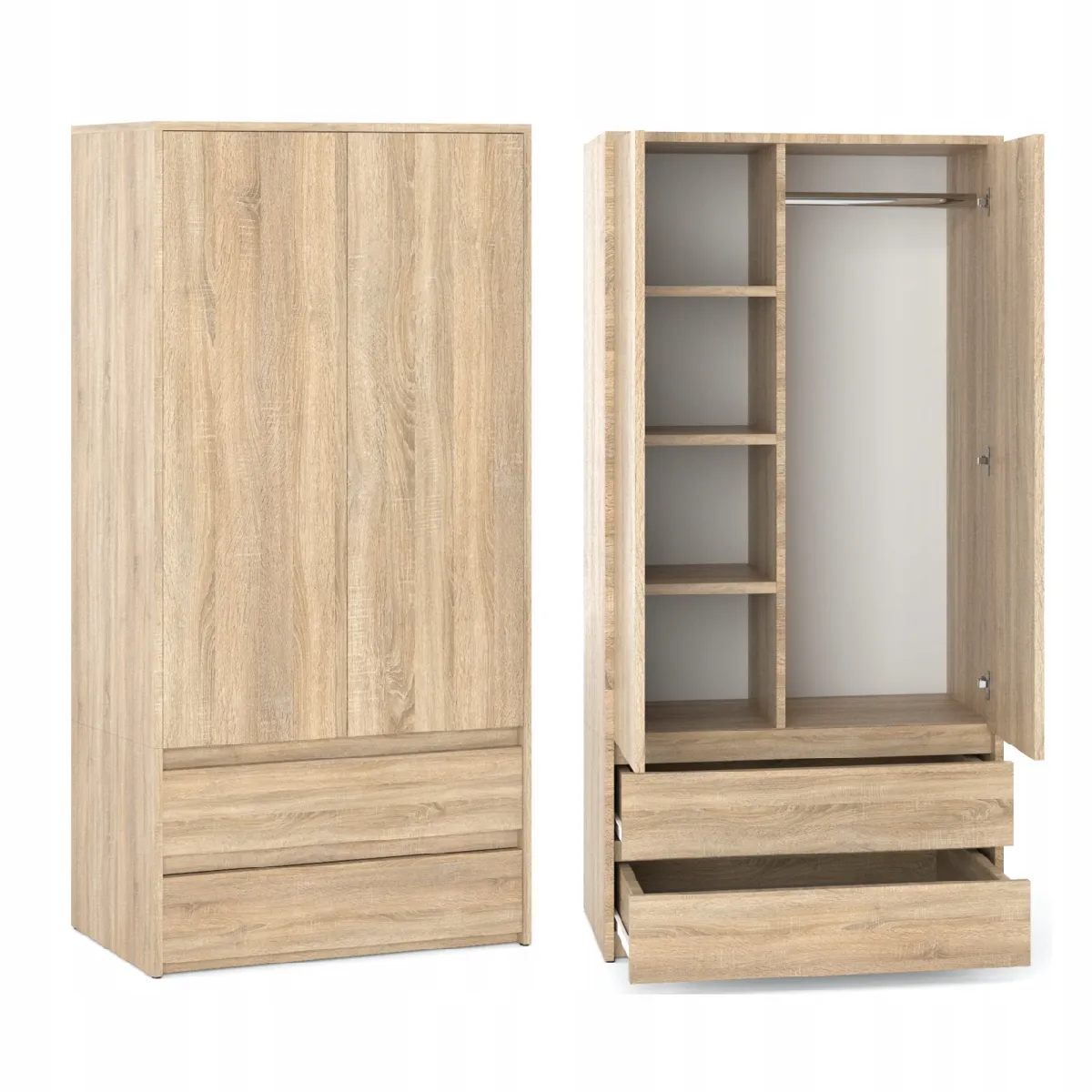 Armoire Dressing Moderne 90 cm - 2 Portes, 2 Tiroirs, Chêne Sonoma- Grande Capacité de Rangement