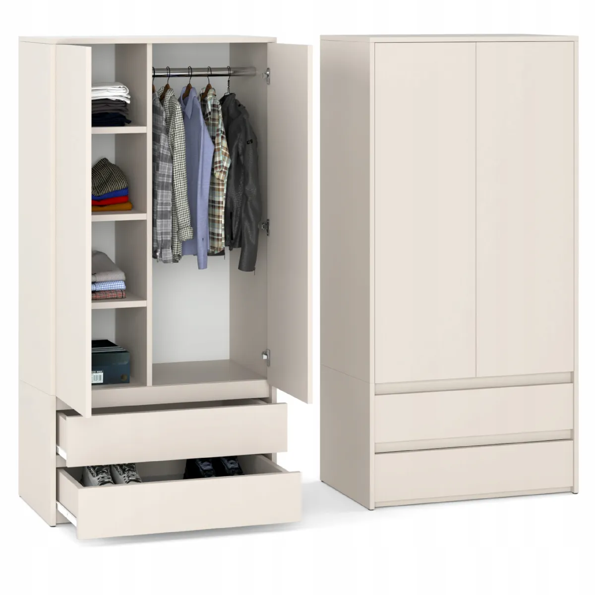 Armoire Dressing Moderne 90 cm - 2 Portes, 2 Tiroirs, Cachemire / Beige - Grande Capacité de Rangement