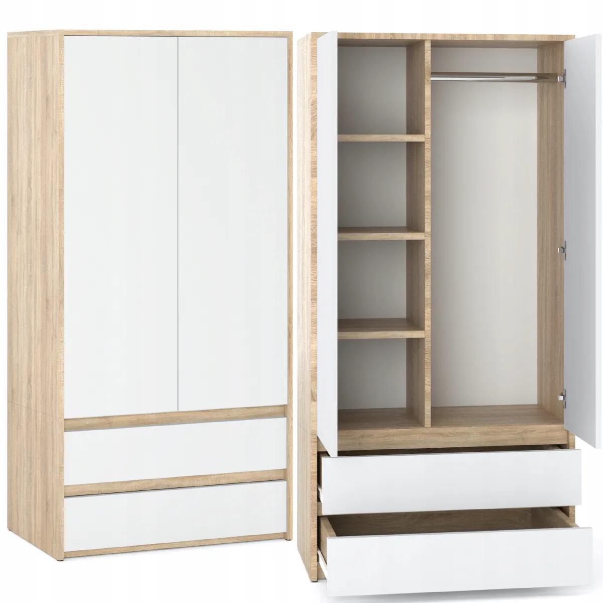 Armoire Dressing Moderne 90 cm - 2 Portes, 2 Tiroirs, Chêne Sonoma + Blanc- Grande Capacité de Rangement