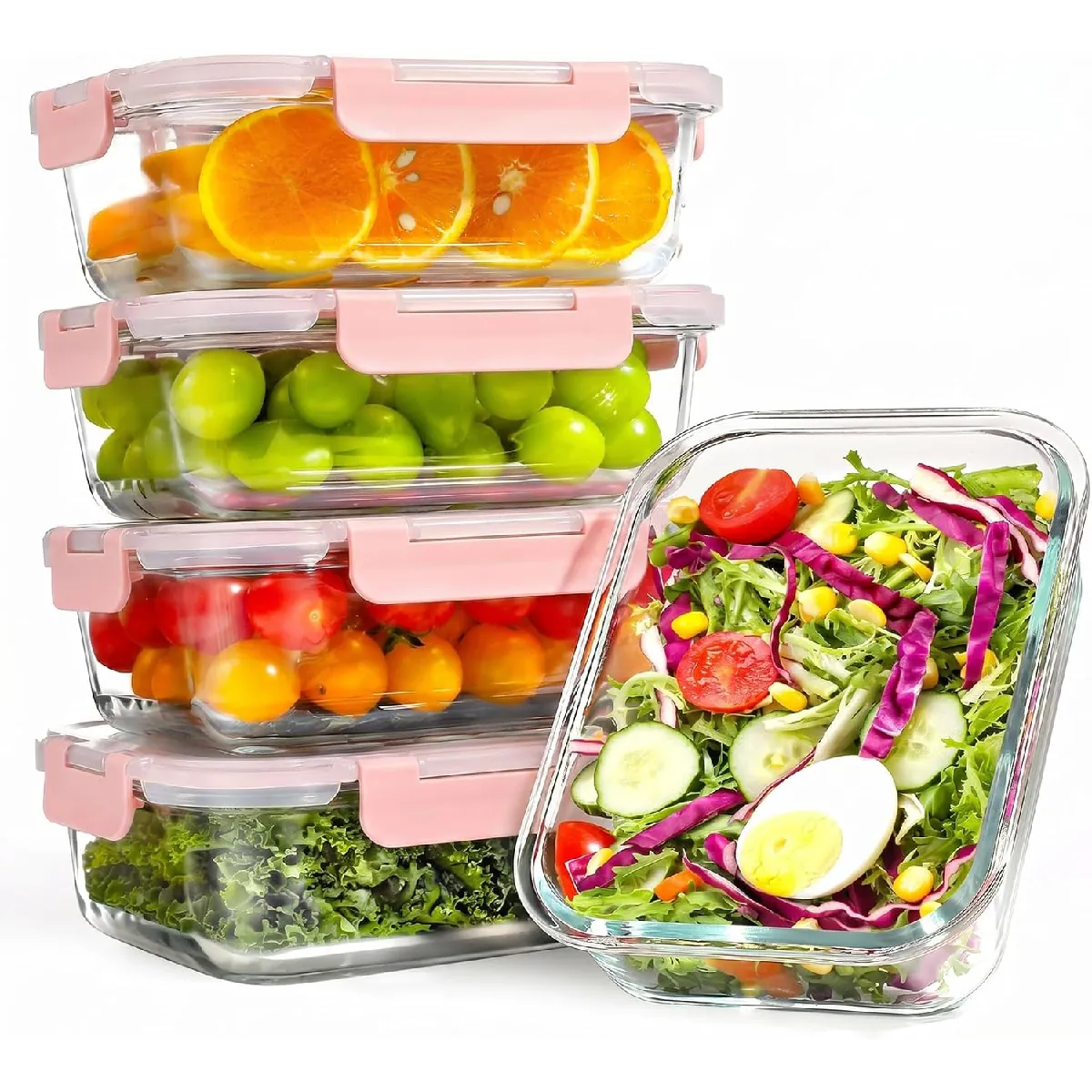 Yashe Lot De 5 Boîtes Alimentaires En Verre 1,04 L, Couvercles Roses