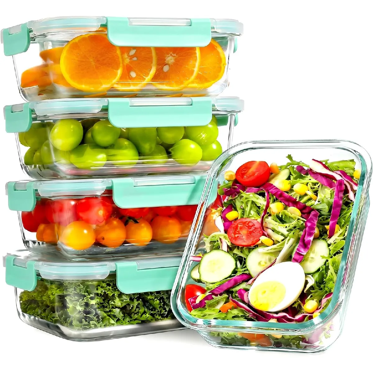 Yashe Lot De 5 Boîtes Alimentaires En Verre 1,04 L, Couvercles Verts