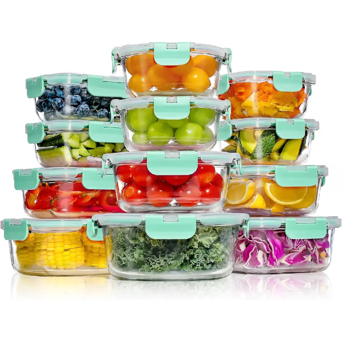 Yashe Lot De 12 Boîtes En Verre, 3 Formes, 6,75 L, Couvercles Verts