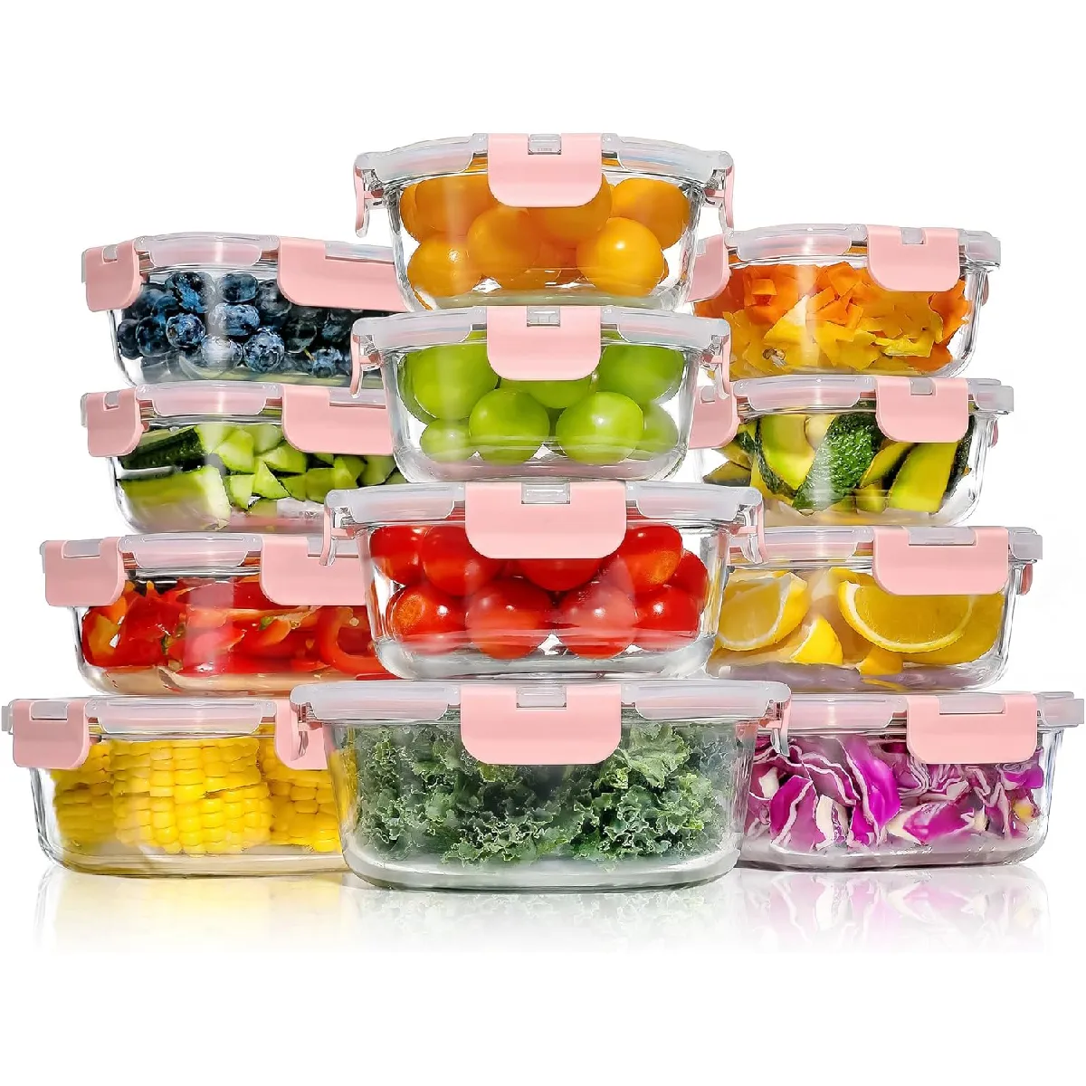 Yashe Lot De 12 Boîtes En Verre, 3 Formes, 6,75 L, Couvercles Roses