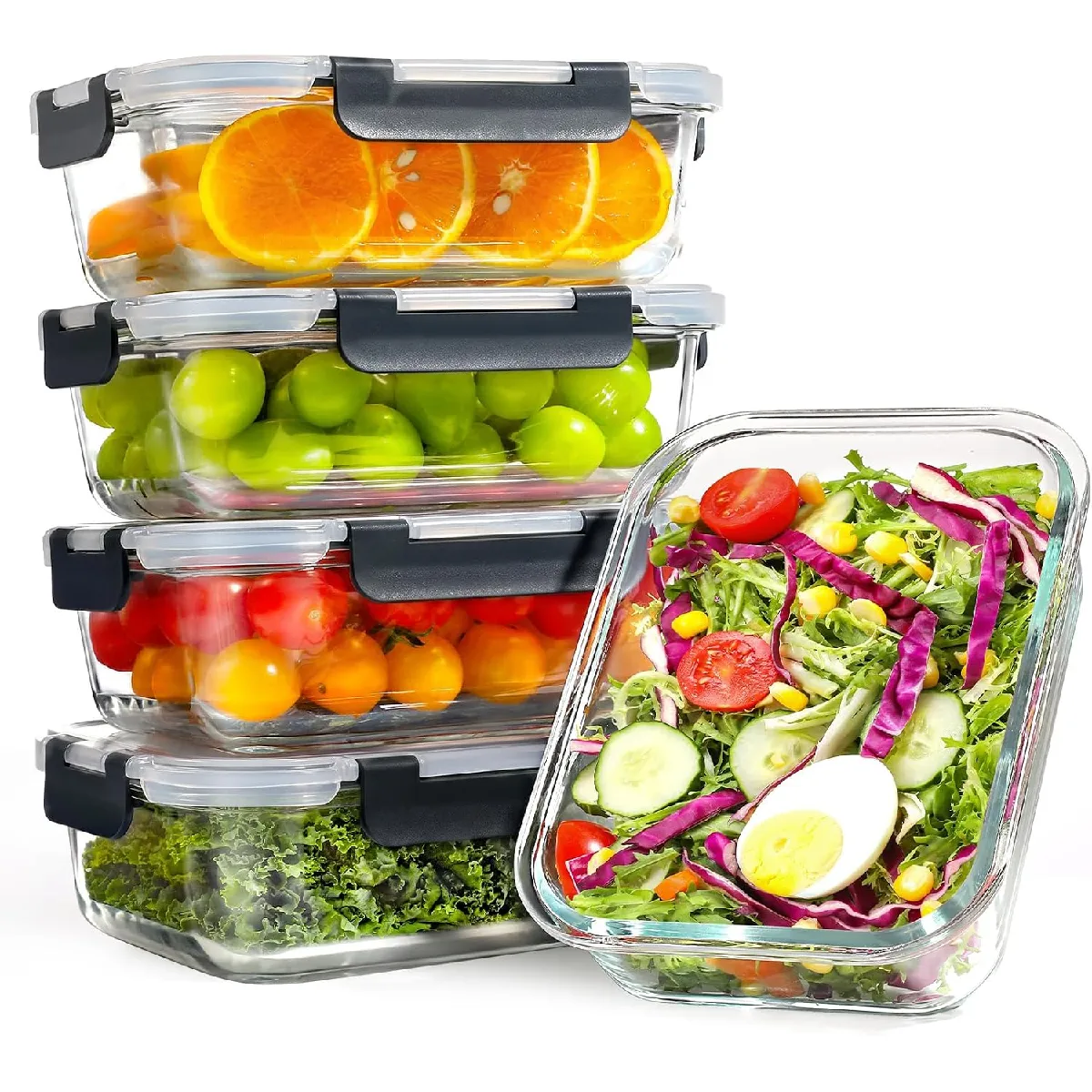 Yashe Lot De 5 Boîtes Alimentaires En Verre 1,04 L, Couvercles Noirs