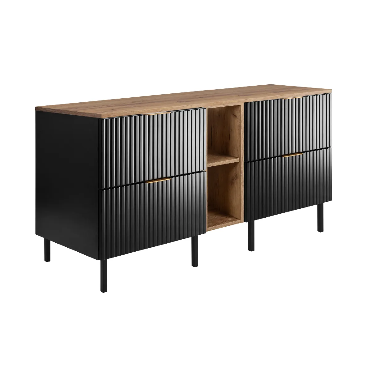 Meuble vasque, Noir / Chêne Craft + poignée dorée, 140 x 77 x 46 cm