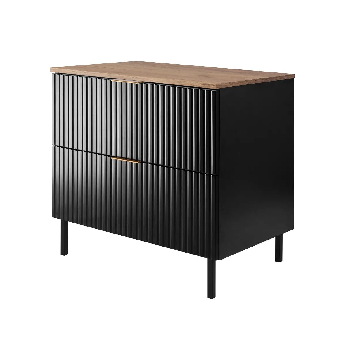 Meuble vasque, noir, chêne craft + poignée dorée, 80 x 77 x 46 cm, pieds noirs + plan de travail