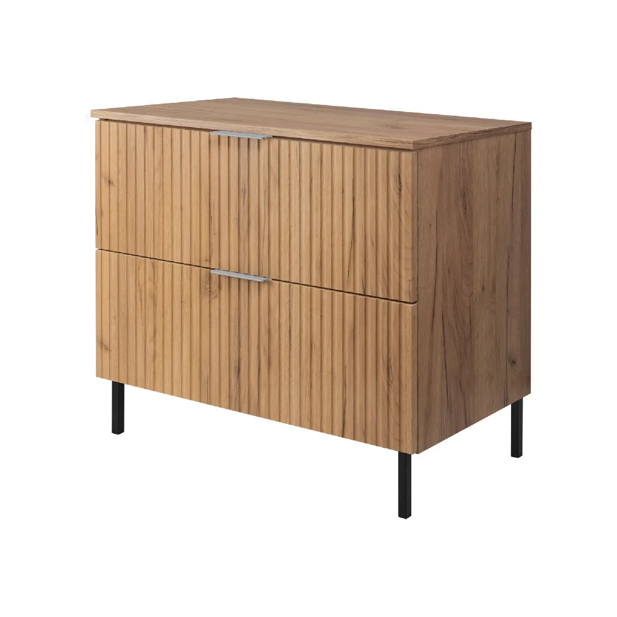 Meuble vasque, chêne craft, 80 x 77 x 46 cm, poignée argentée, pieds noirs + plan de travail