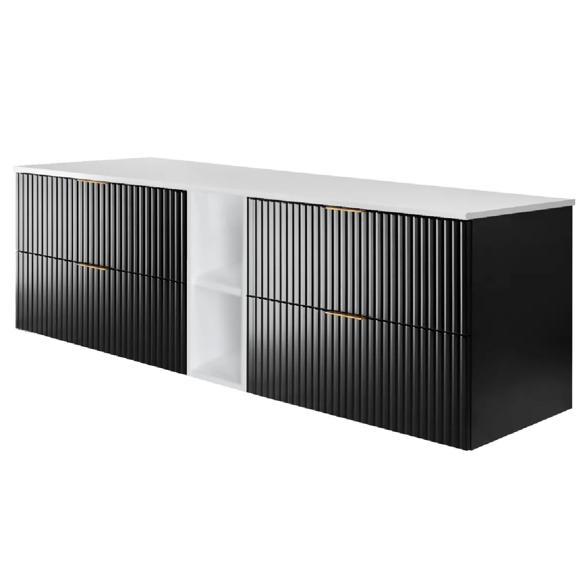 Meuble vasque, Noir / Blanc + poignée dorée, 180 x 57 x 46 cm