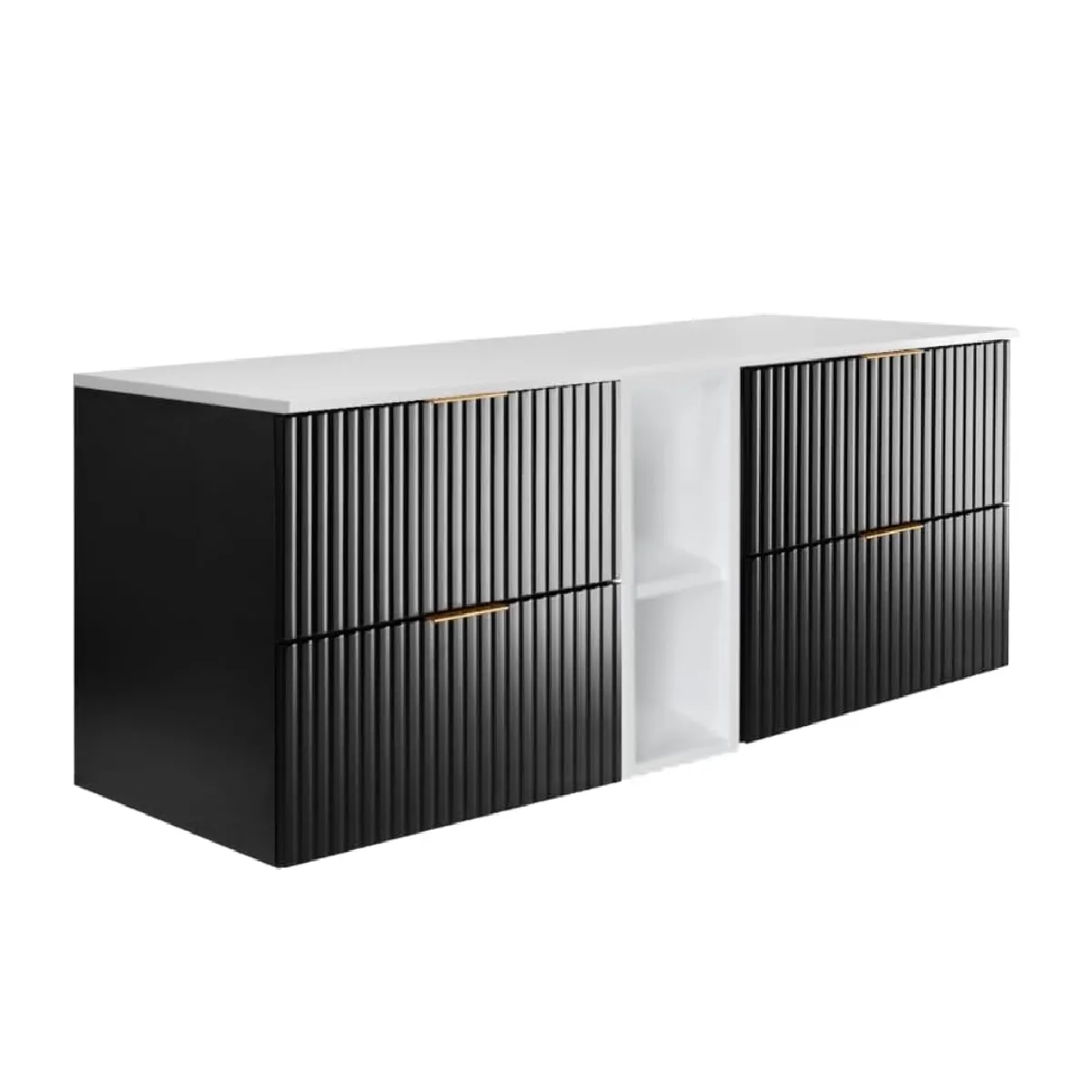 Meuble vasque, Noir / Blanc + poignée dorée, 140 (2 x 60 +20) x 57 x 46 cm