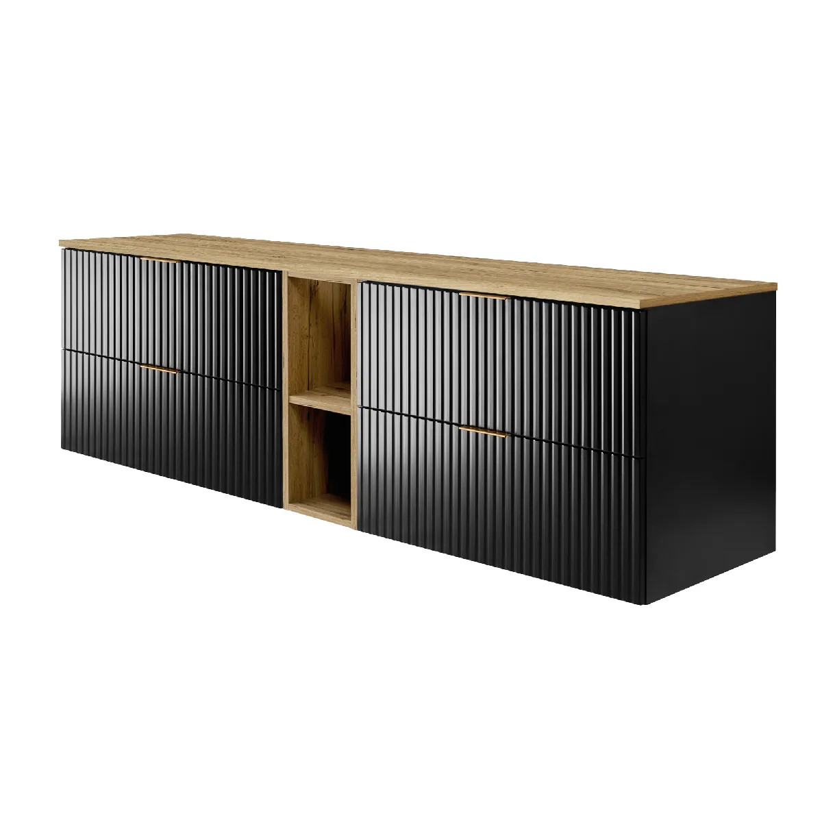 Meuble vasque, Noir / Chêne Craft + poignée dorée, 180 x 57 x 46 cm