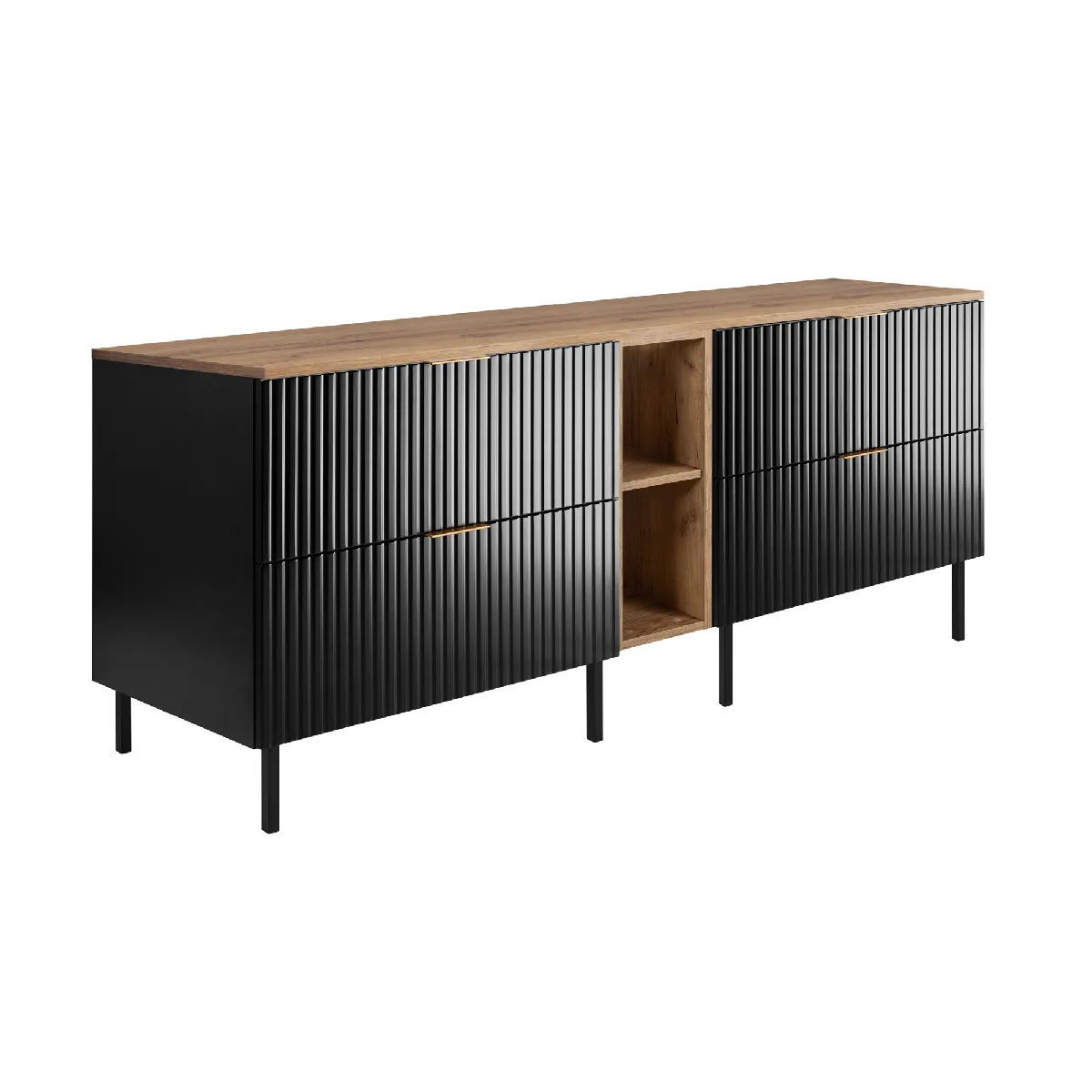 Meuble vasque, Noir / Chêne Craft + poignée dorée, 180 x 77 x 46 cm