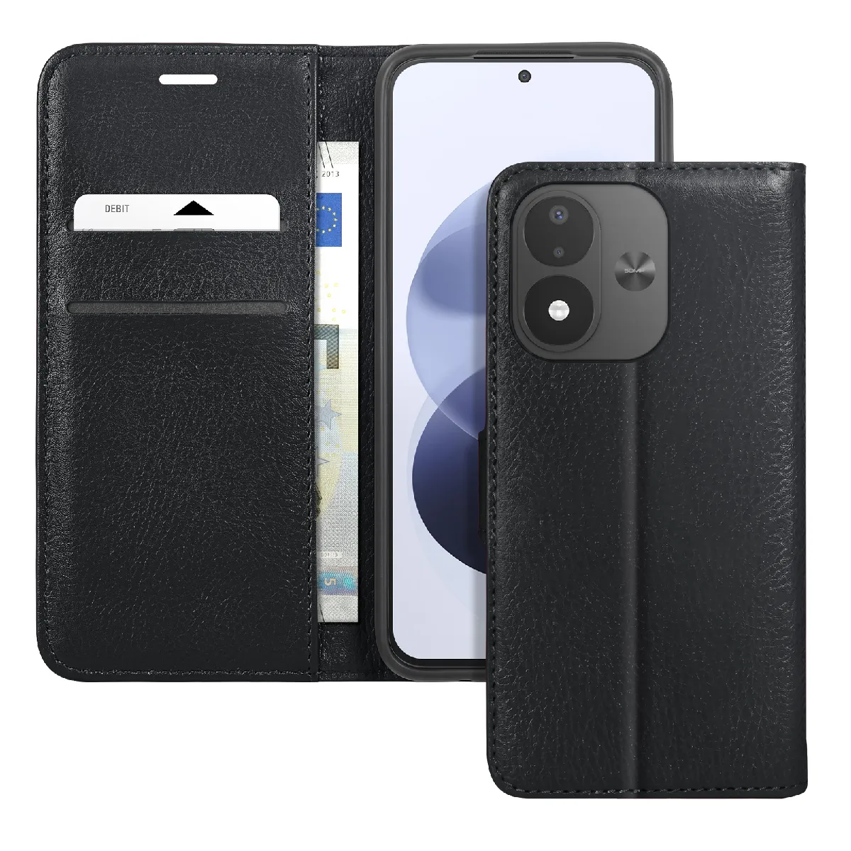Zanaé Étui Portefeuille pour Redmi Note 17 Effet Grainé avec Support Noir