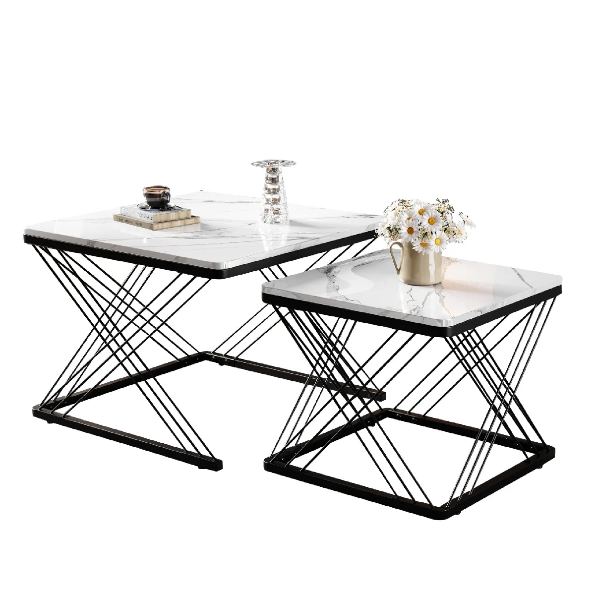 Tables Basses Gigognes - ensemble de 2 Tables Carrées Effet Marbre avec Pieds Réglables, MDF Blanc et Noir, 60x60x45 & 45x45x40 cm