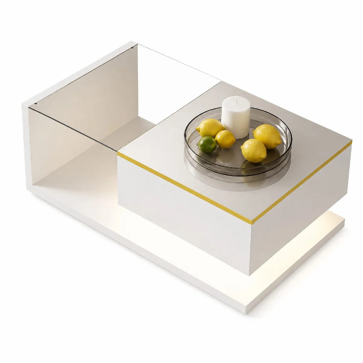 Table Basse Design avec LED Intégrées et Plateau en Verre Trempé, Meuble de Salon Moderne Rectangulaire, Blanc