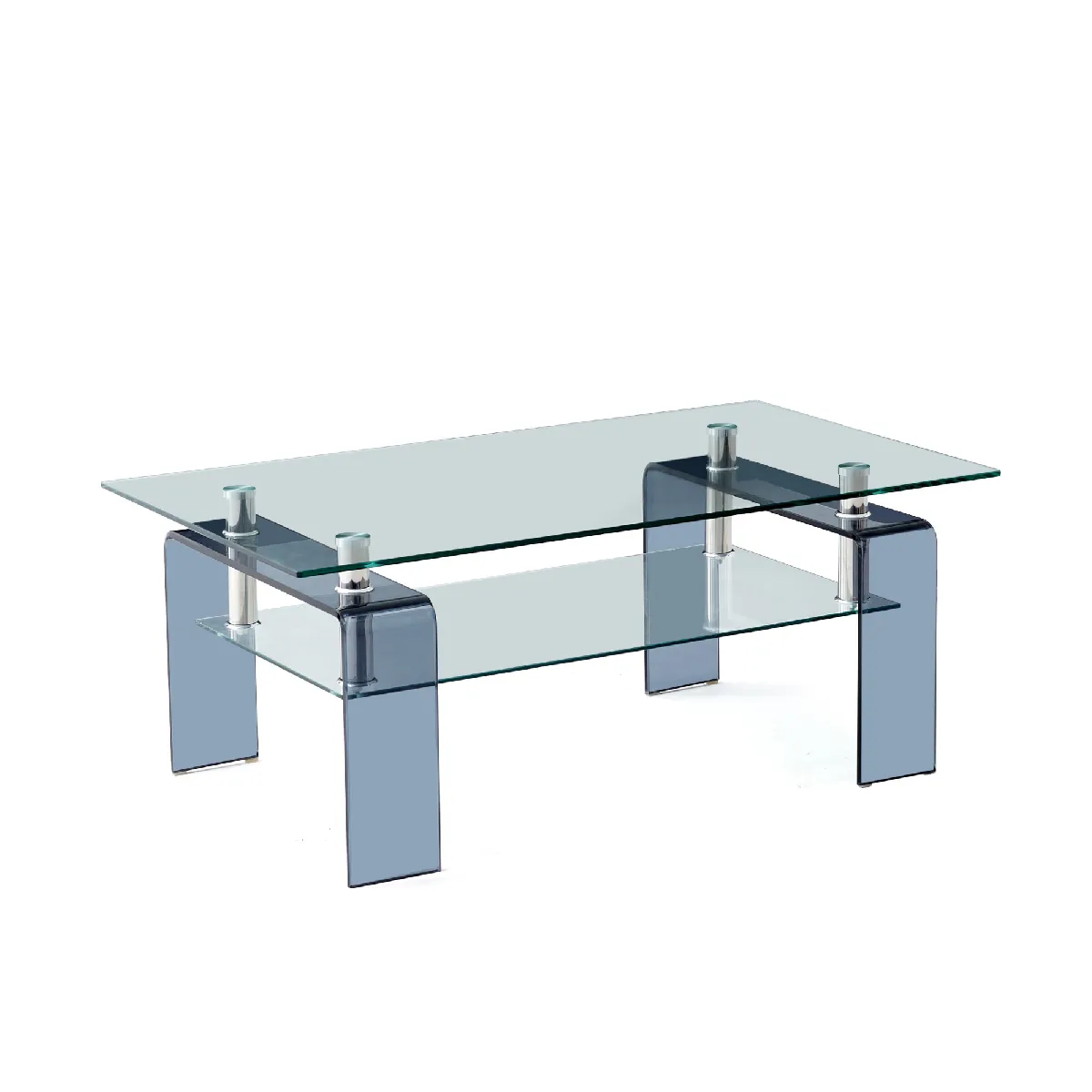 Table basse avec deux niveaux en verre trempé transparent et pied gris