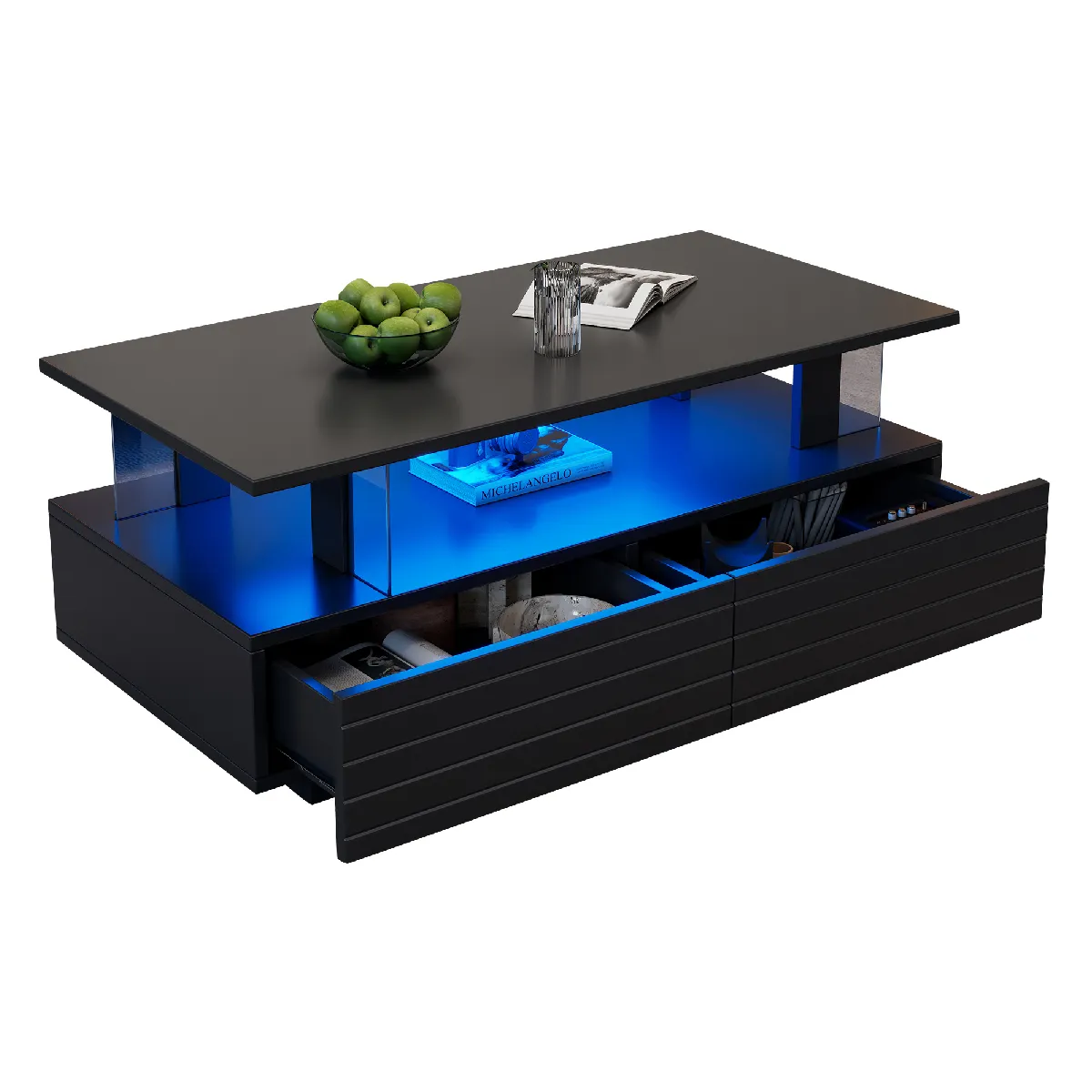 Table Basse de Salon avec LED et Contrôle Bluetooth - Double Niveau avec 2 Tiroirs de Rangement, Acrylique, Noir, 100x50x42,5 cm