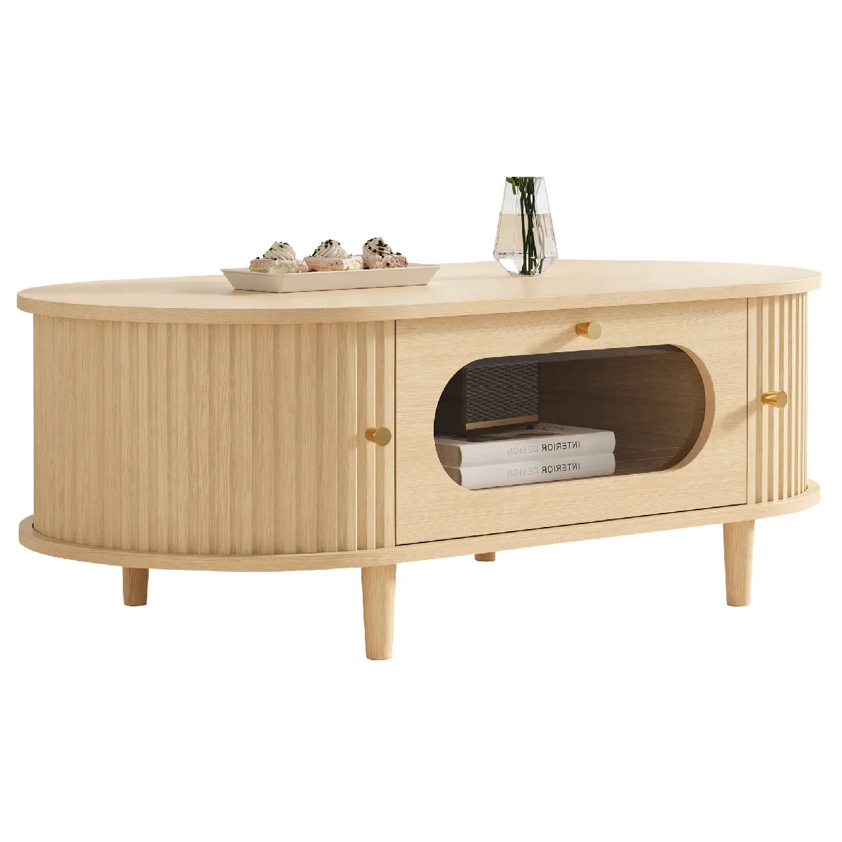 Table Basse 100x50x36 Cm, Table D'Appoint Avec Un Tiroir, Portes À Rideau, 4 Pieds De Soutien - Teinte Bois