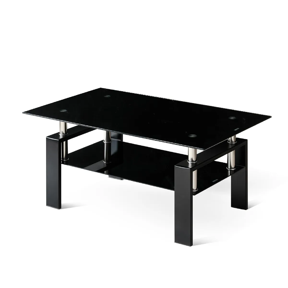 Table Basse De Salon Noire Avec Double Plateau En Verre Trempé Et Structure Métal, Rangement Ouvert 100x60x44 Cm
