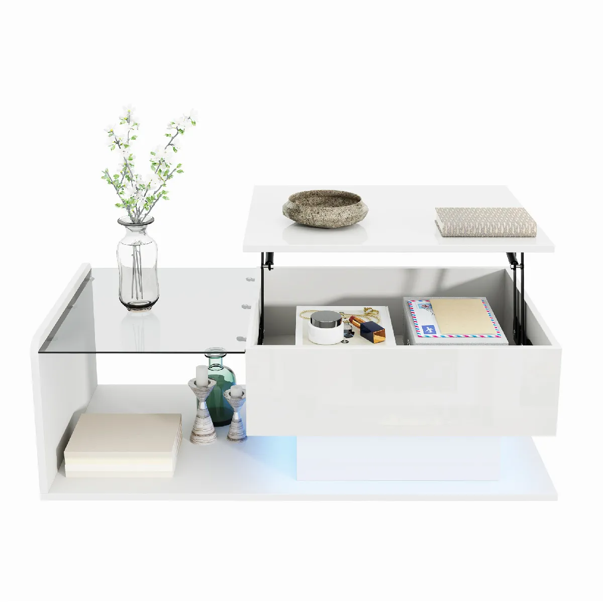 Table Basse avec Plateau Verre, Rangement et Éclairage LED, Table d'Appoint Multifonction, PB/Spanplatte, 100x50x47,5 cm, Blanc