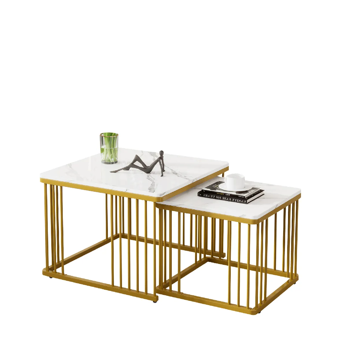Tables basses carrées gigognes avec pieds réglables finition brillante effet marbre en MDF blanc avec pieds dorés