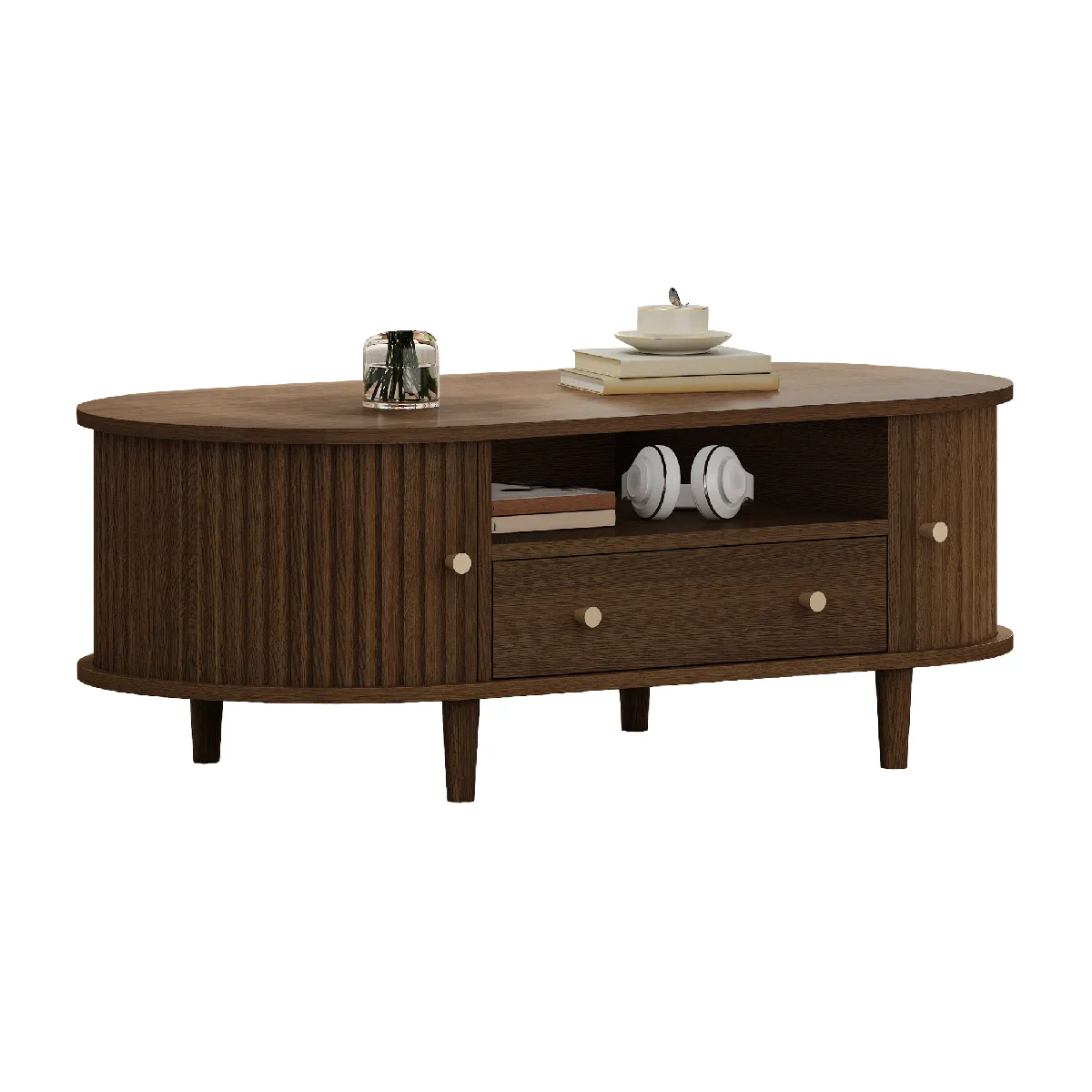 Table Basse Ovale Avec 1 Tiroir Et Porte À Enroulement, Noyer, 100x50x36 Cm