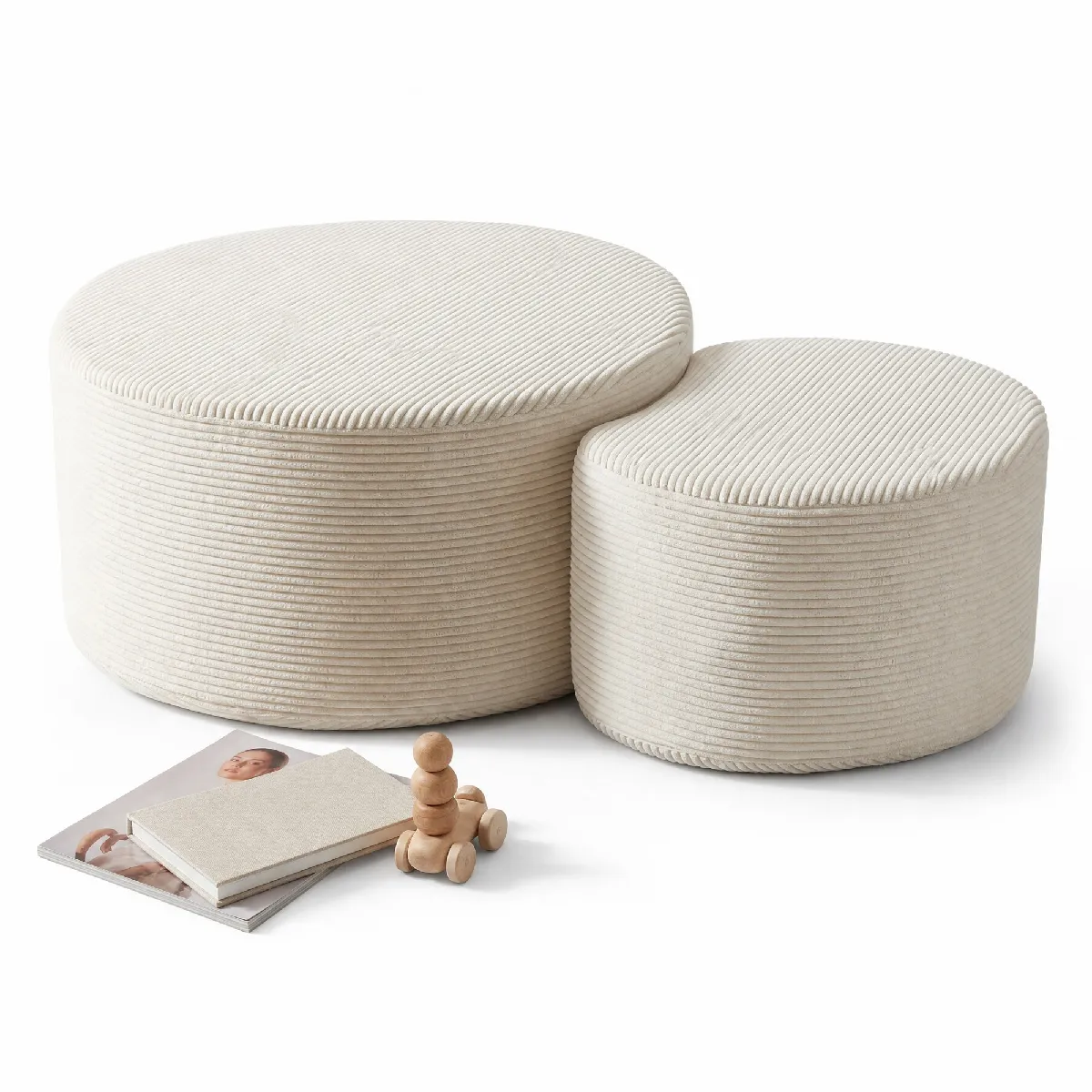 Lot De 2 Tables Basses Rondes En Tissu Beige, Sans Montage, Pour Salon Et Chambre