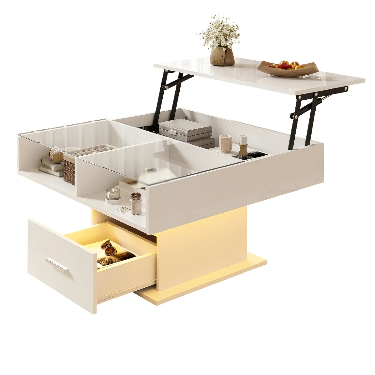 Table Basse Relevable Multifonction avec LED et Tiroir - Design Gain de Place pour Salon Contemporain, 78x78x45,5/59,5 cm, Blanc
