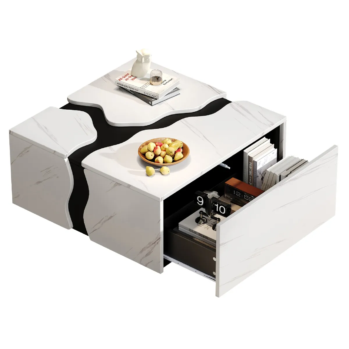 Table Basse - Table de Salon Cube Effet Marbre,Tiroir Intégré et Rangement Pratique, Design Géométrique Moderne, 70x70x31 cm Blanc