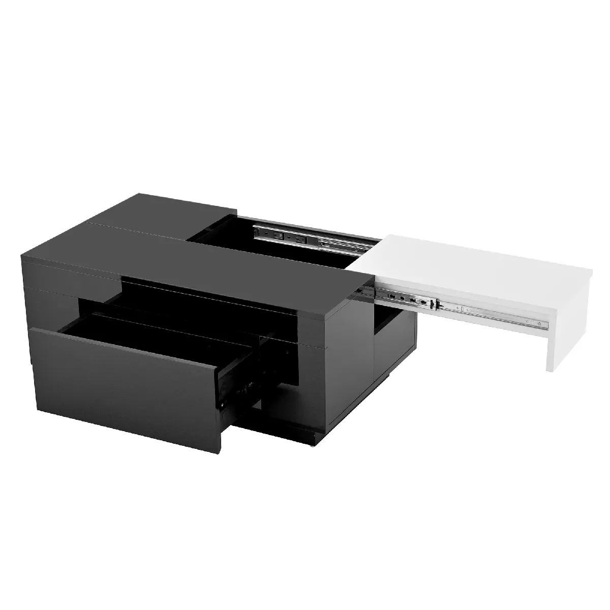Table Basse Moderne avec LED Multicolore et Rangement Caché, Plateau Coulissant Extensible - MDF Noir et Blanc, 80x50x35,5 cm