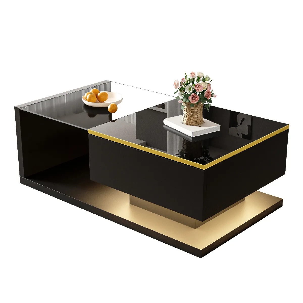 Table Basse Design avec LED Intégrées et Plateau Verre Trempé, Meuble de Salon Moderne Rectangulaire, Noir