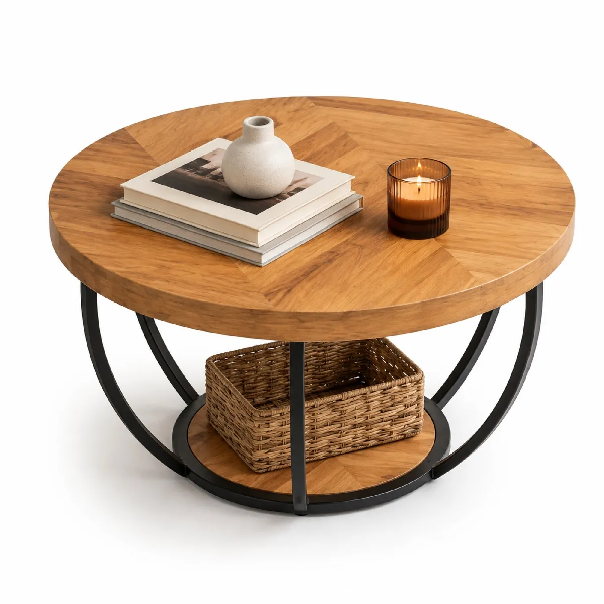 Table Basse Ronde 2 Niveaux, Avec Effet Bois Imitation Et Structure En Métal