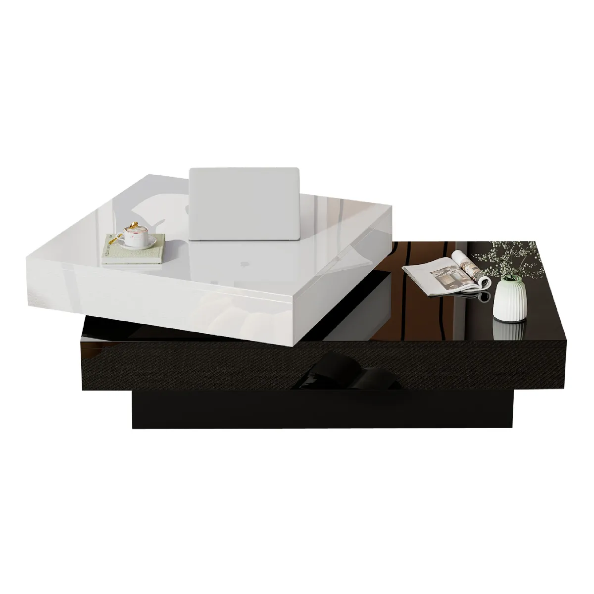 Table Basse, Tables de Salon Pivotante et Rotative avec Double Niveau - MDF, Blanc et Noir, 103x60x35,5 cm