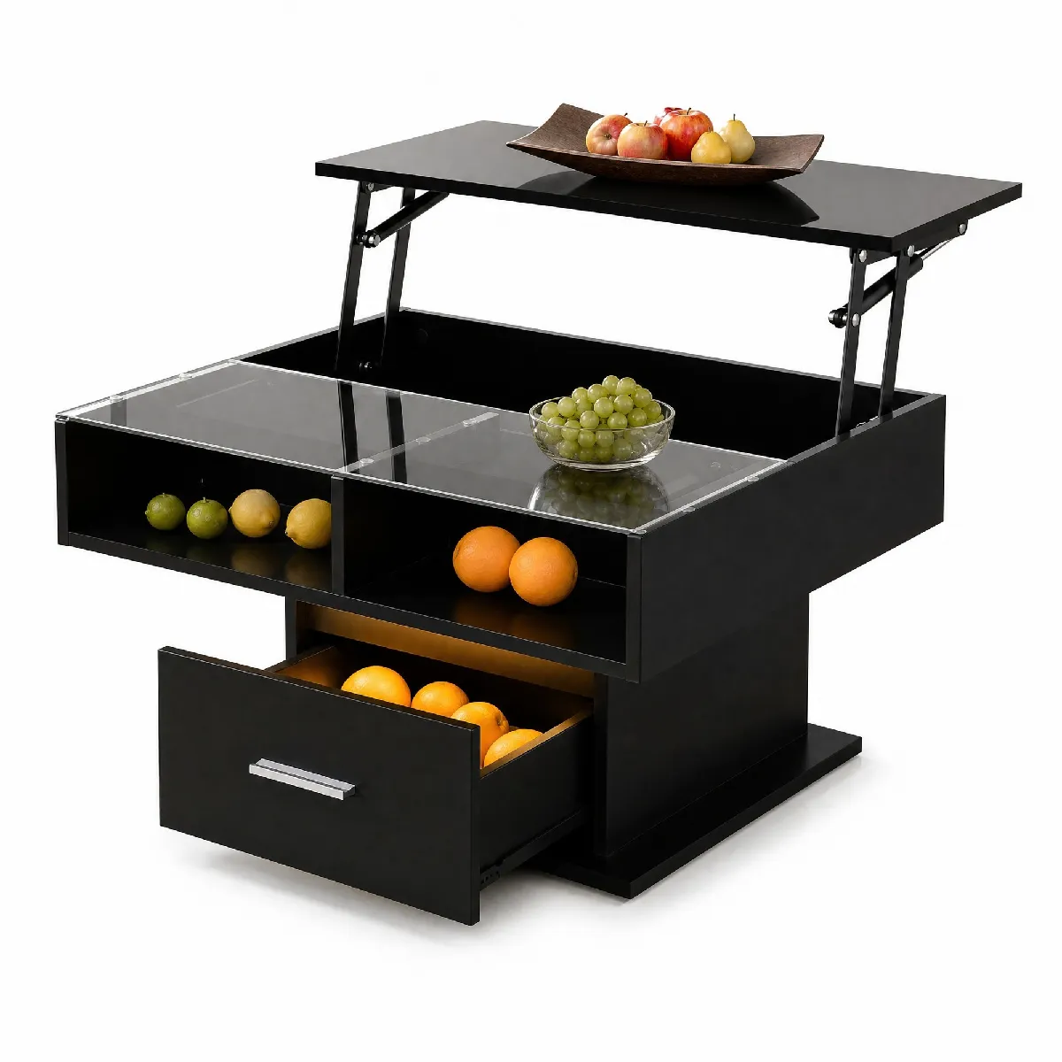 Table Basse Relevable Multifonction avec LED et Tiroir - Design Gain de Place pour Salon Contemporain, 78x78x45,5/59,5 cm, Noir
